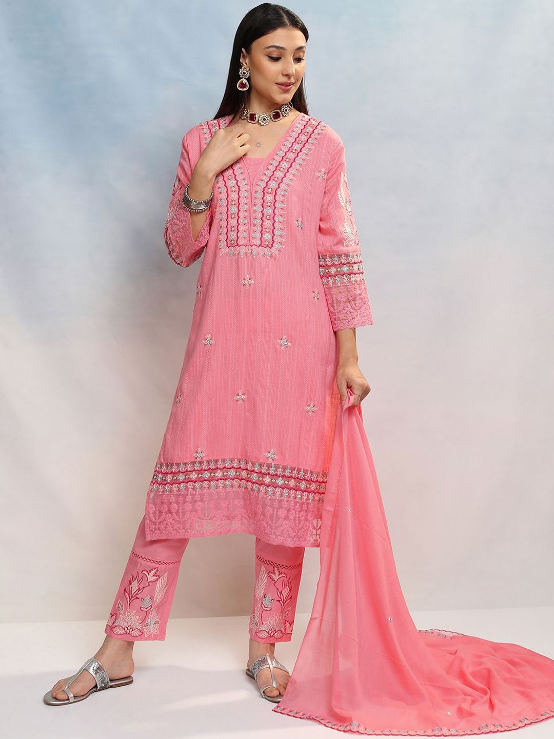 Vishudh Women Embroidered Regular Thread Work Pure Cotton Kurta with Trousers & Dupatta