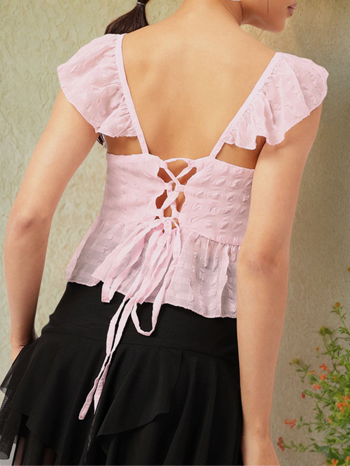 DressBerry Pastel Dreams Dobby Weave Ruffled Sleeves Back Lace-Up Peplum Top