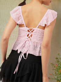 DressBerry Pastel Dreams Dobby Weave Ruffled Sleeves Back Lace-Up Peplum Top