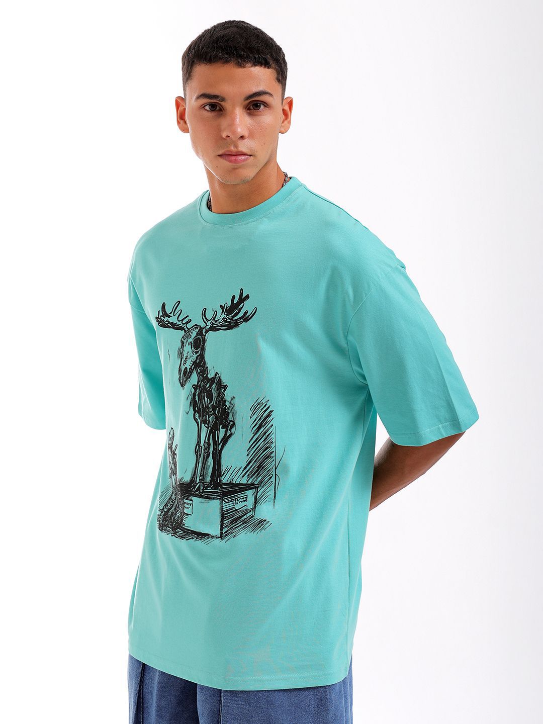 The Indian Garage Co Men Pure Cotton Graphic Printed Oversized Round Neck T-shirt