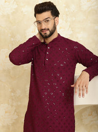 SOJANYA Men Purple Geometric Cold-Shoulder Sleeves Mirror Work Kurta