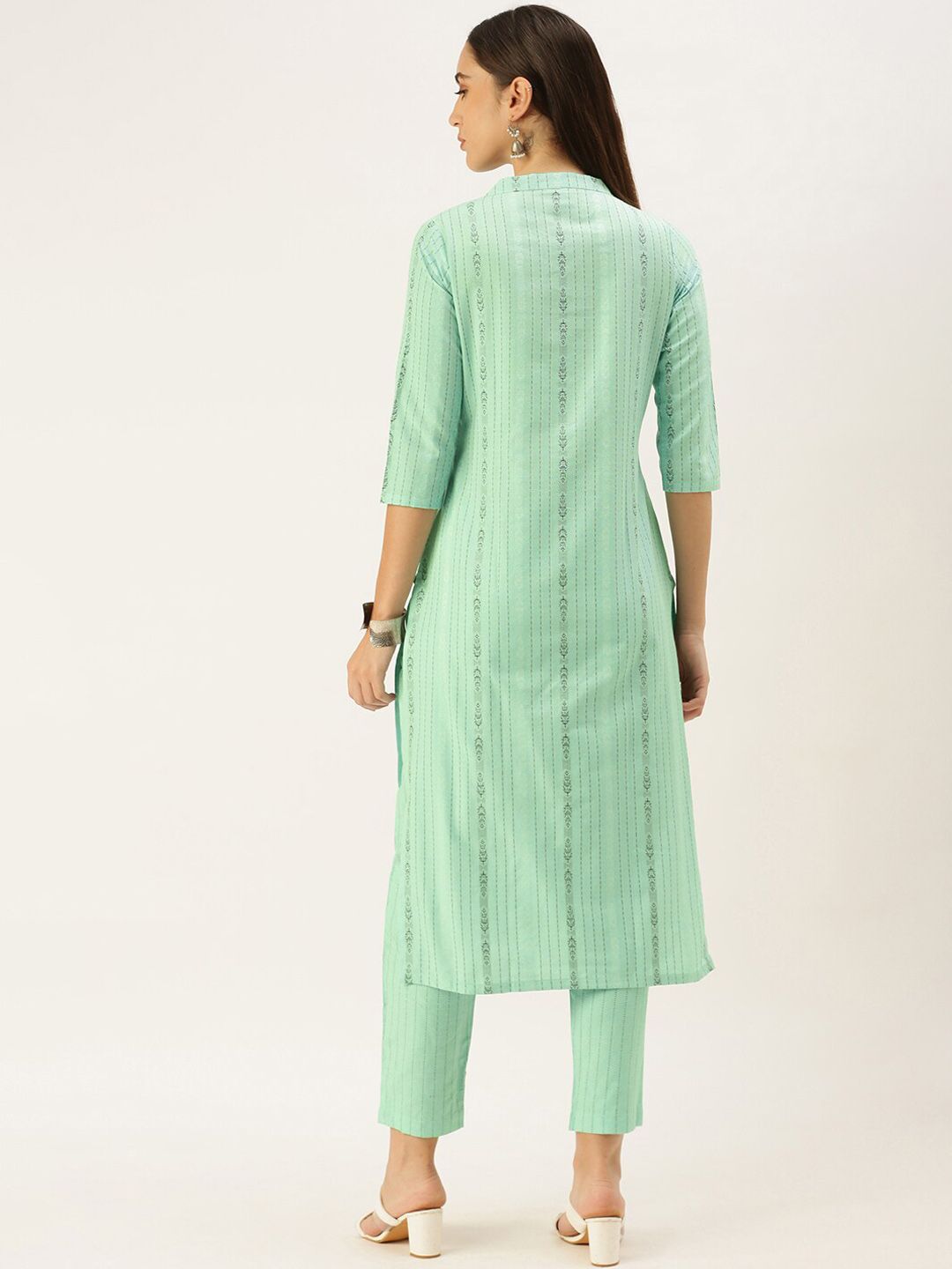 KALINI Striped Mandarin Collar Straight Kurta with Trousers