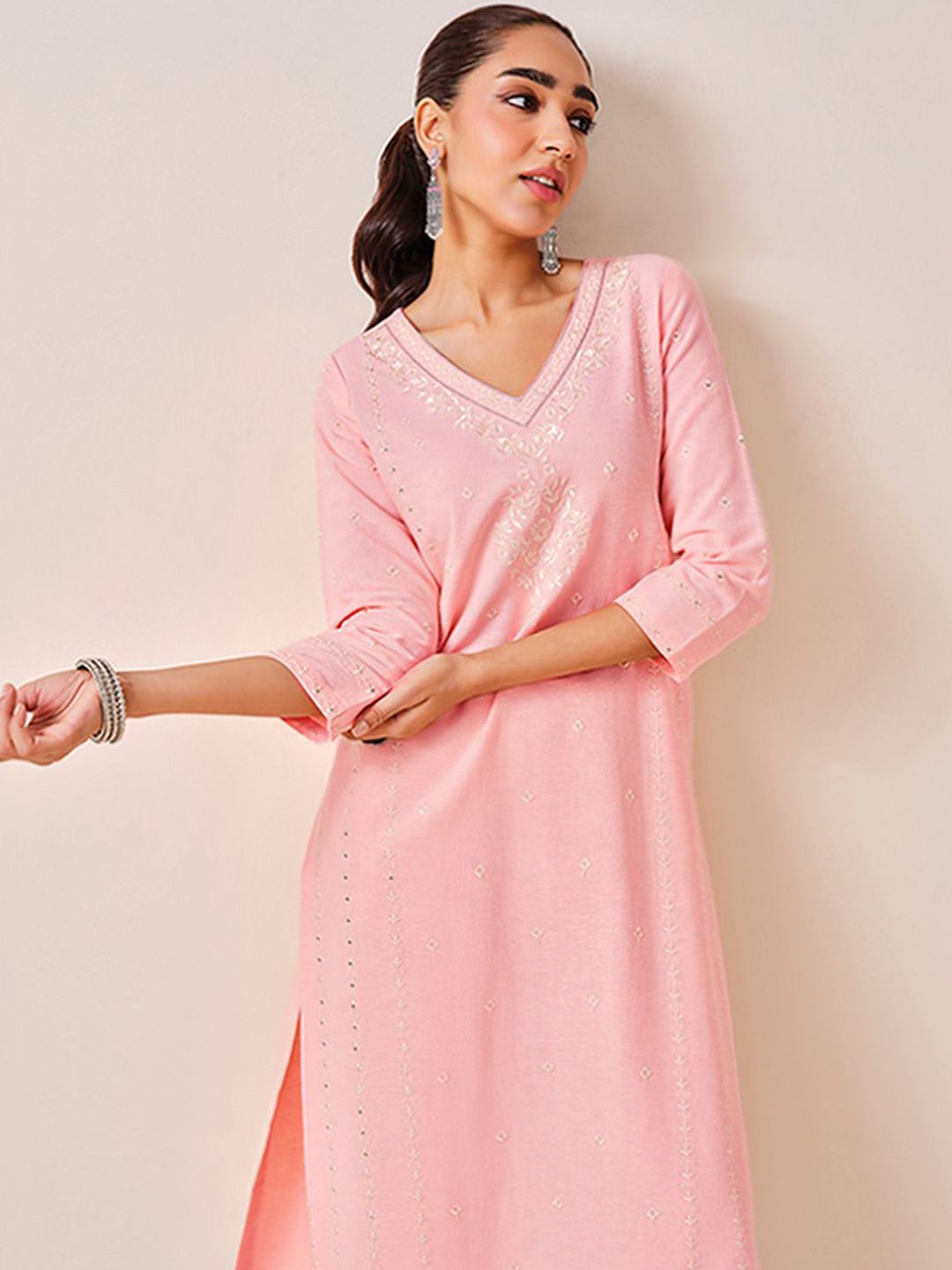 Global Desi Ethnic Motifs Embroidered A-Line Kurta
