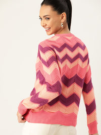 DressBerry Women Peach-Coloured & Purple Chevron Striped Pullover