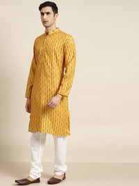 SOJANYA Men Mustard Yellow & Black Geometric Printed Pure Cotton Kurta