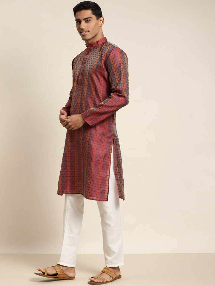 SOJANYA Kurta Berjalur Bunga Merah , Biru & Oren Lelaki