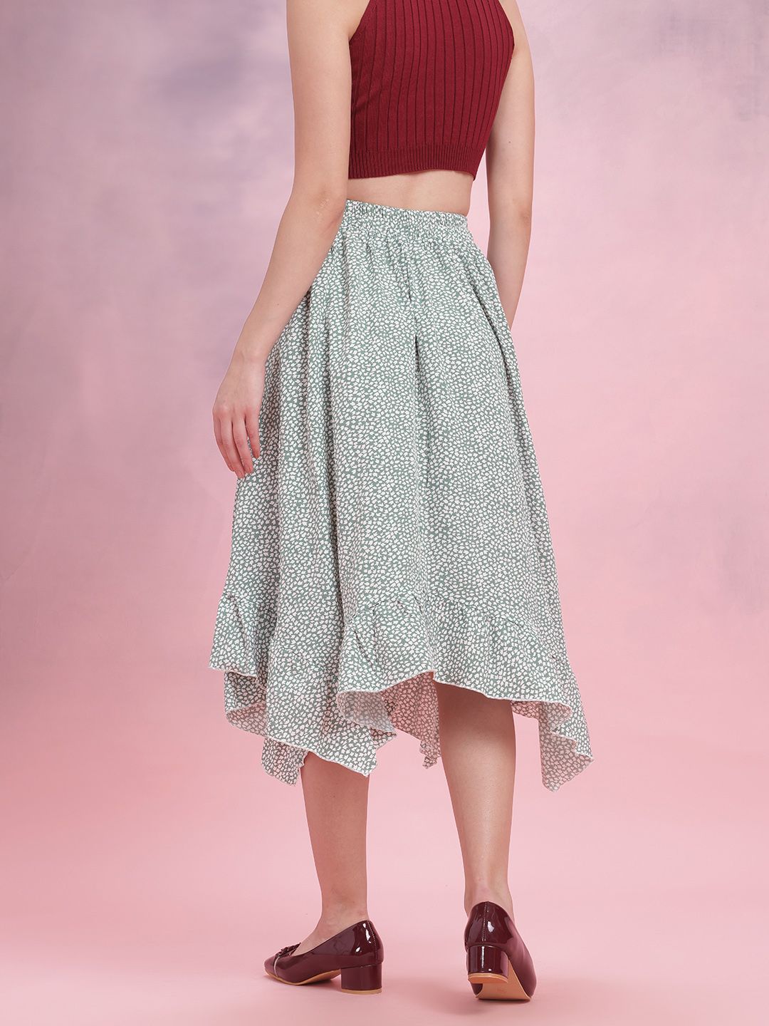 DressBerry Ruffled Micro Ditsy Print Flared Midi Skirt with Belt