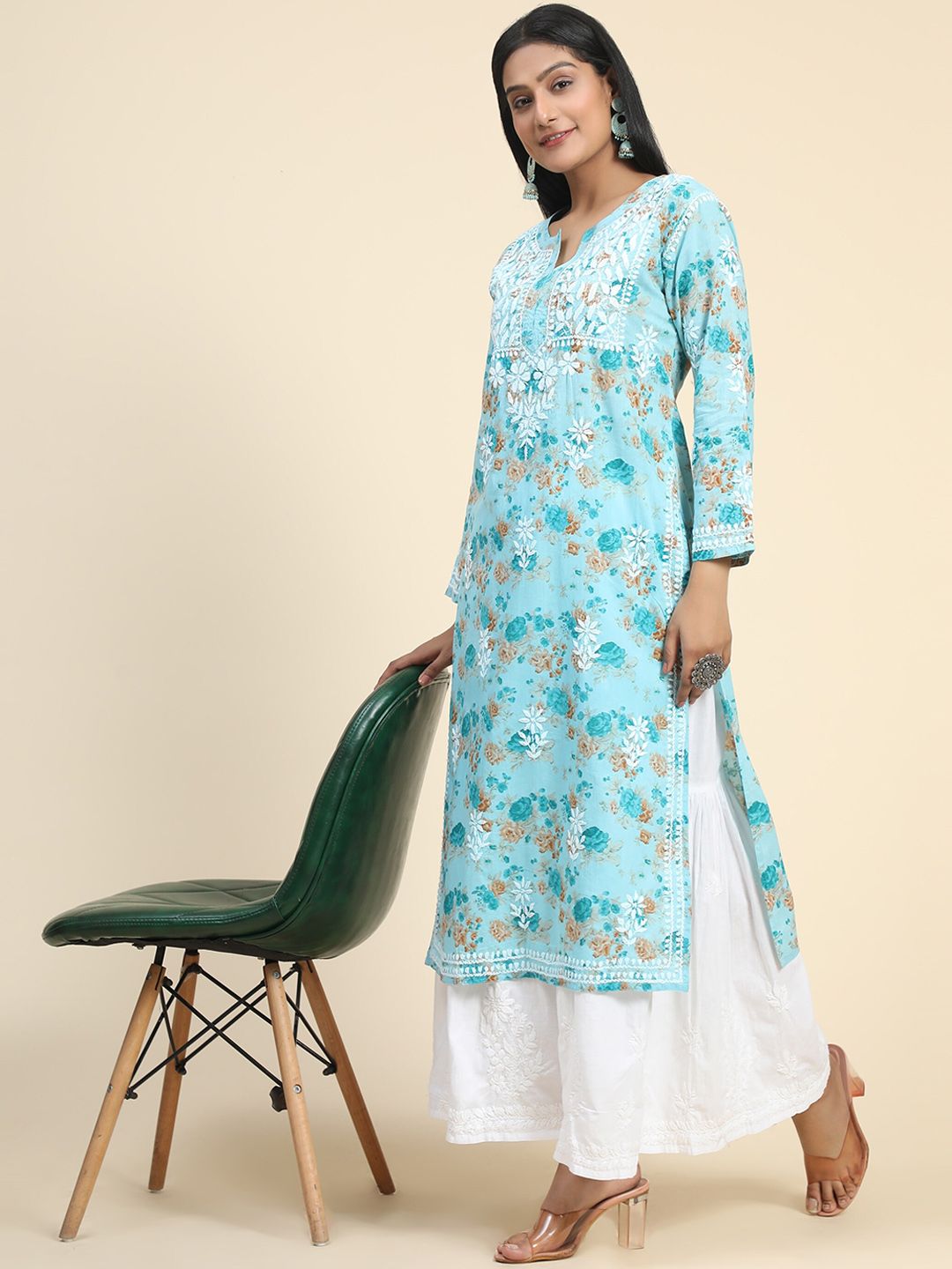 HOUSE OF KARI Floral Printed Thread Work Cotton Kurta