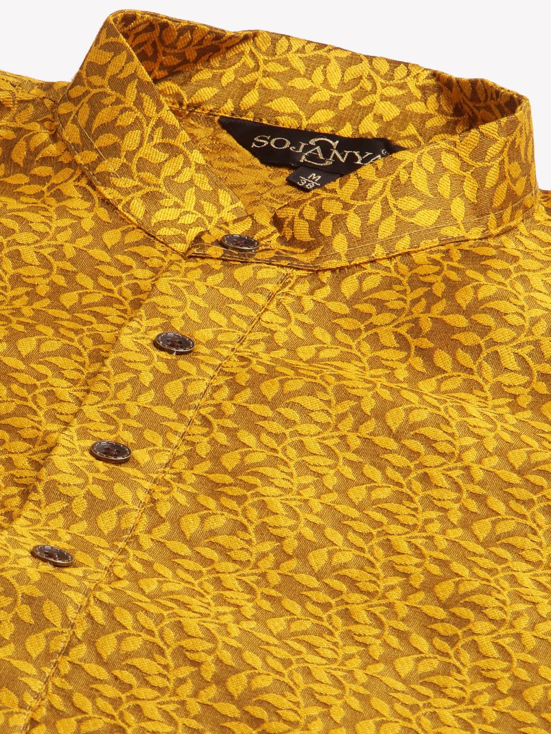 SOJANYA Men Mustard Yellow Self Design Jacquard Silk Kurta with Churidar & Nehru Jacket