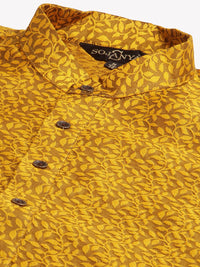 SOJANYA Men Mustard Yellow Self Design Jacquard Silk Kurta with Churidar & Nehru Jacket