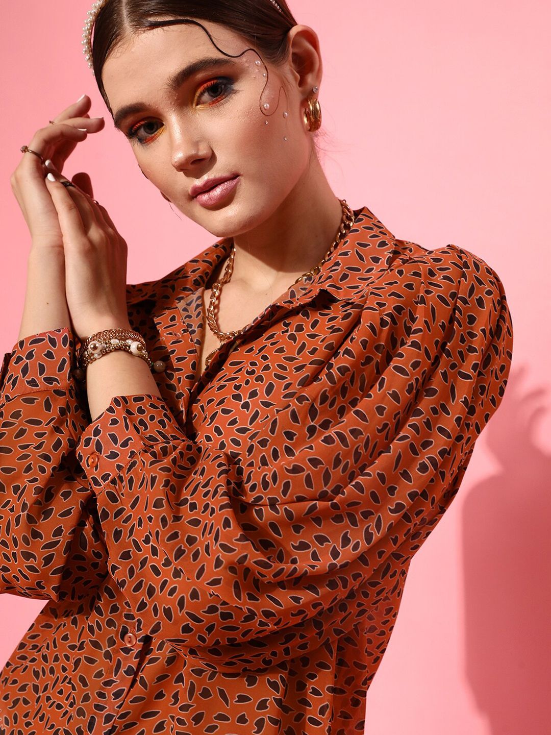 STREET 9 Women Rust Comfort Boxy Sheer Printed Casual Shirt