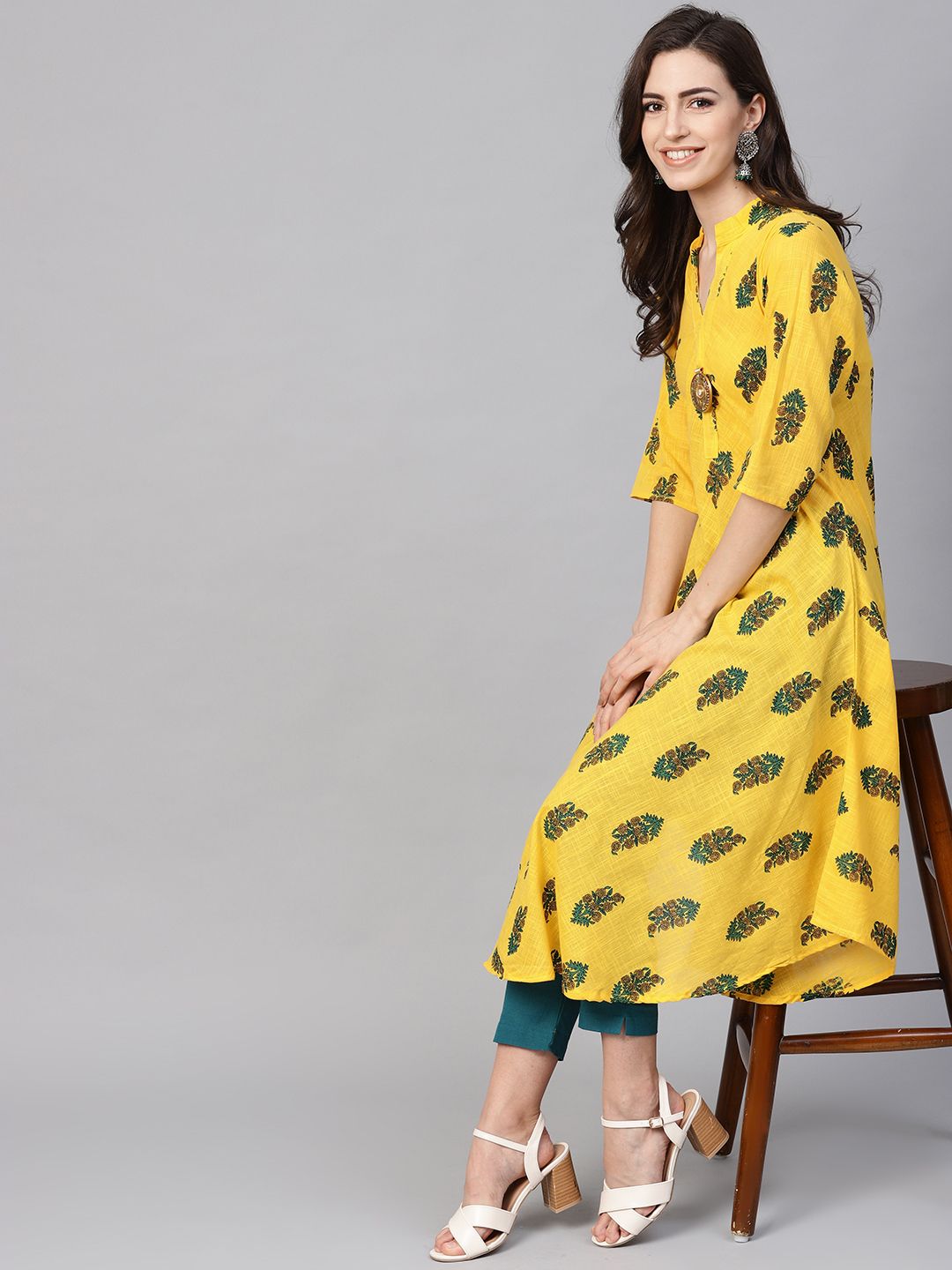 SOJANYA Kurta Bercetak A-Line Wanita Kuning & Hijau
