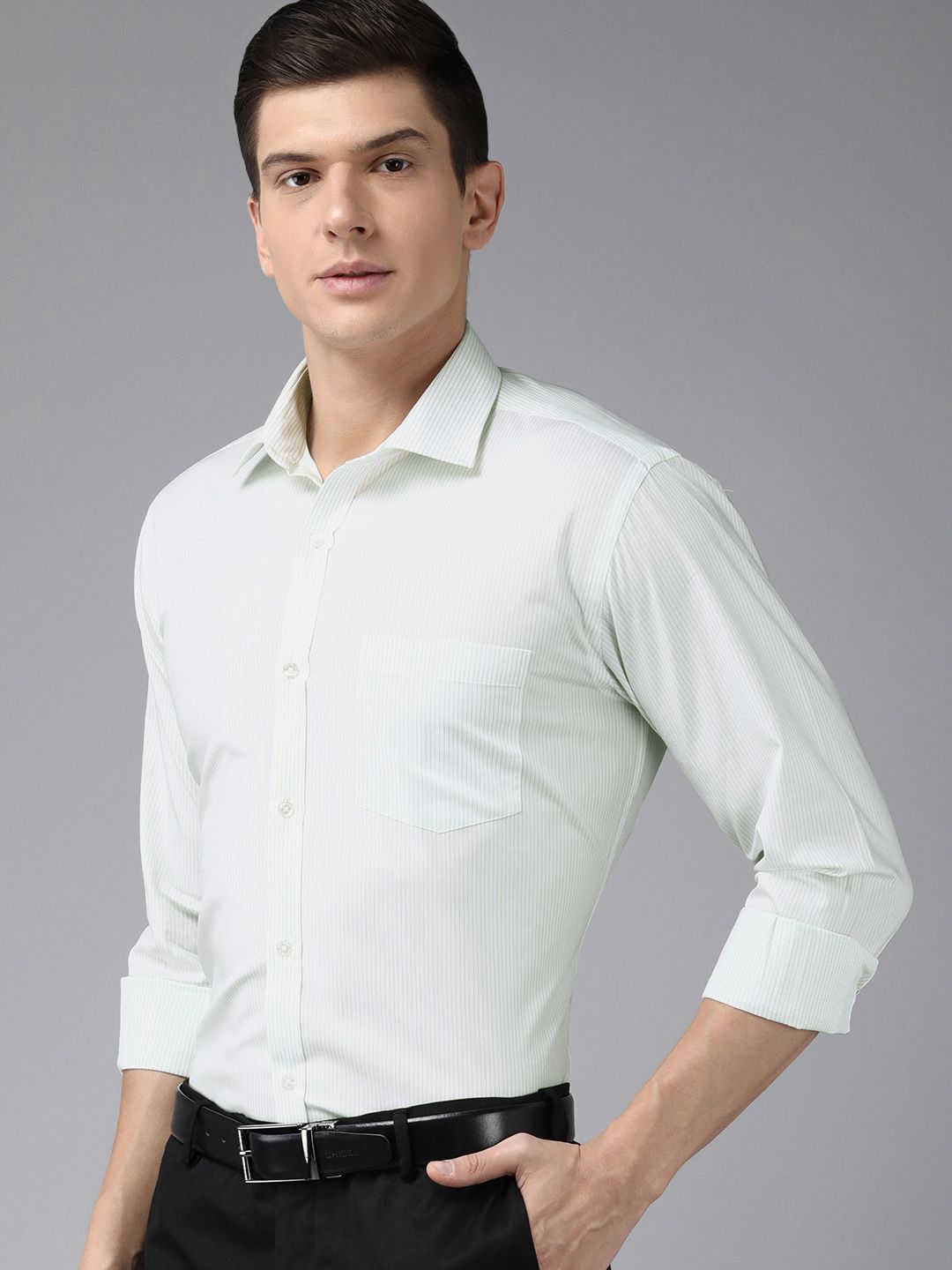 Park Avenue Men Medium Green Vertical Striped Slim Fit Formal Shirt