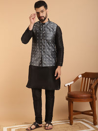 SOJANYA Men Black Solid Kurta with Churidar & Nehru Jacket