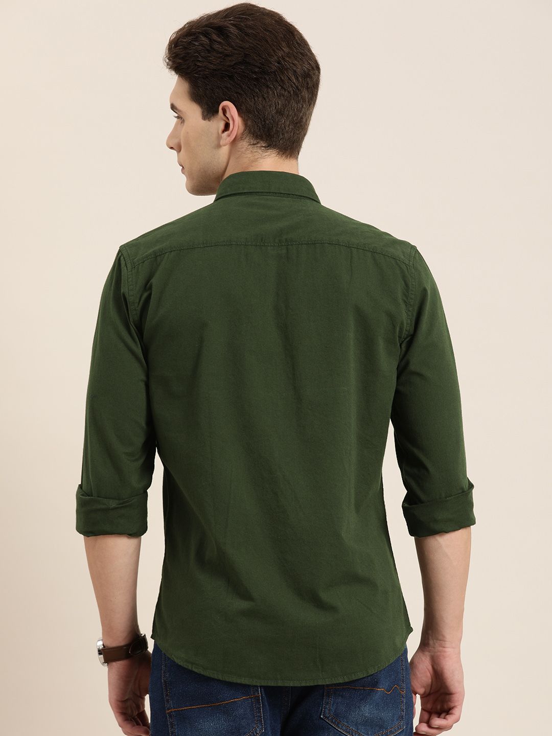 ether Men Olive Green Opaque Pure Cotton Casual Shirt