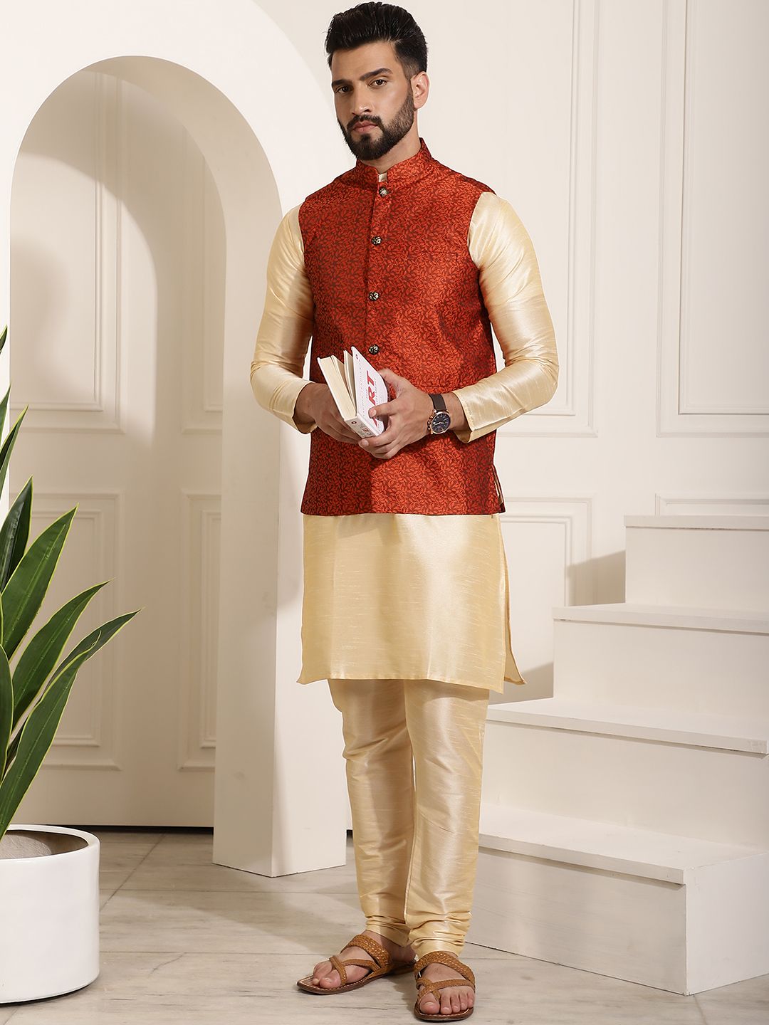 SOJANYA Men Golden & Maroon Kurta with Churidar And Nehru Jacket