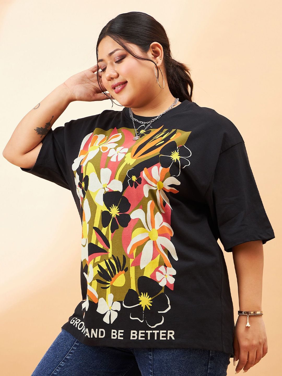 SASSAFRAS Curve Plus Size Graphic Printed Round Neck Cotton Relaxed Fit T-shirt