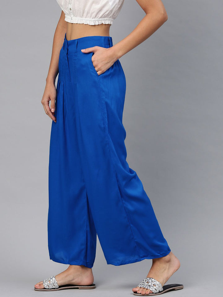 W Women Blue Solid Wide Leg Palazzos