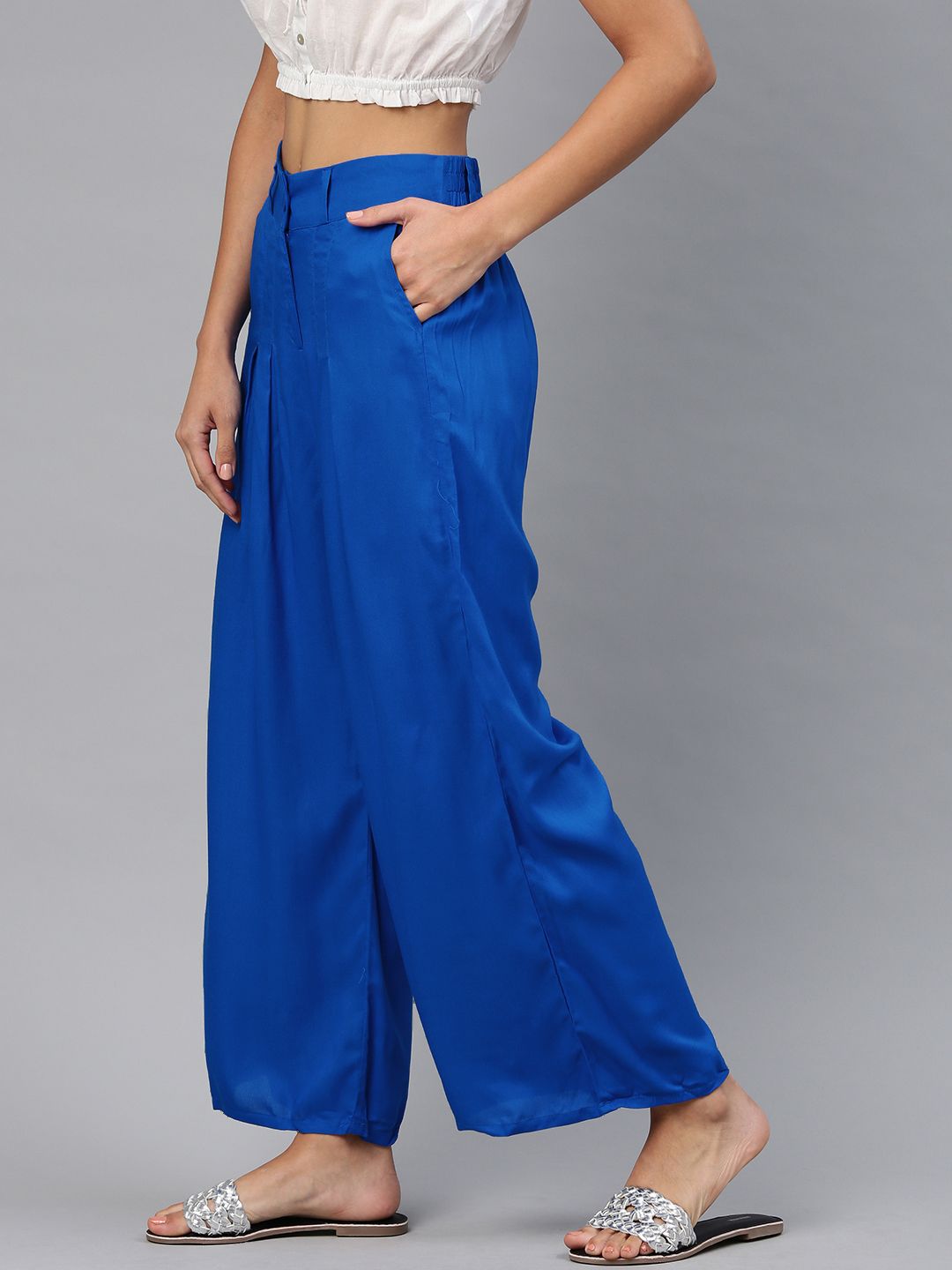 W Women Blue Solid Wide Leg Palazzos