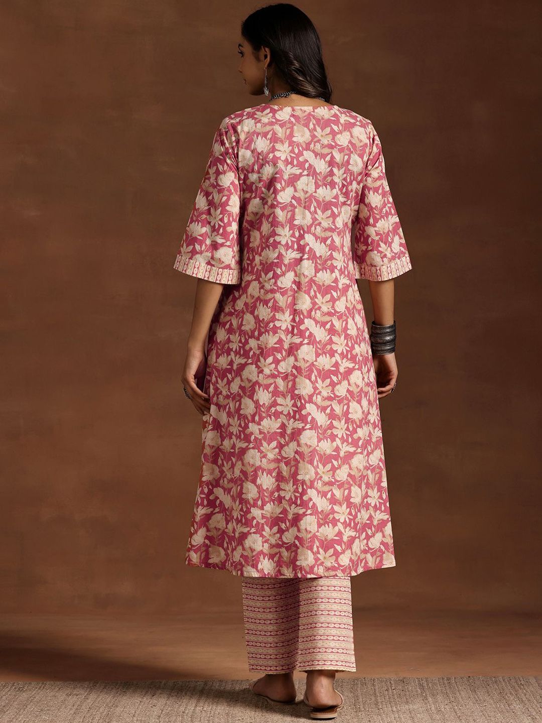 Libas Women Floral Printed Pleated Pure Cotton Kurta with Trousers