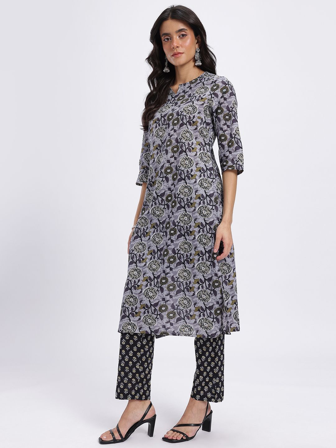Anouk Floral Print Pure Cotton Straight Kurta with Trousers & Dupatta