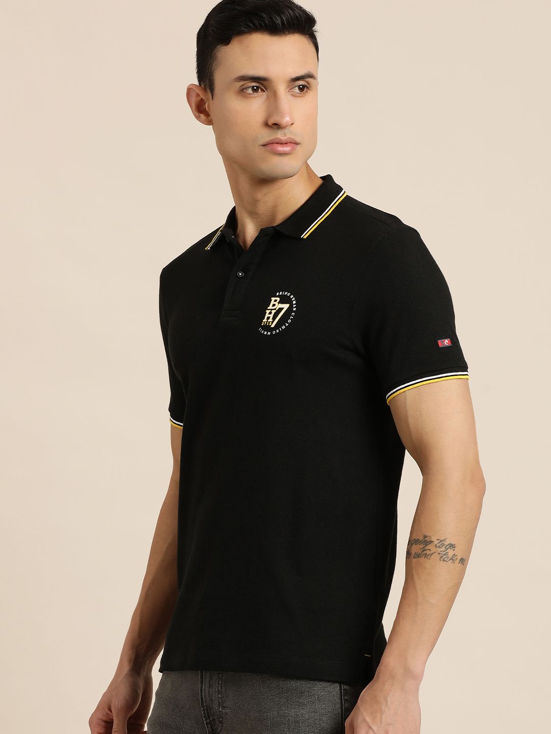 Menjadi T-shirt Lelaki Polo Kolar Polo Hitam Kapas Tumpahan T-shirt Kapas Slim Dengan Cetakan Logo Jenama
