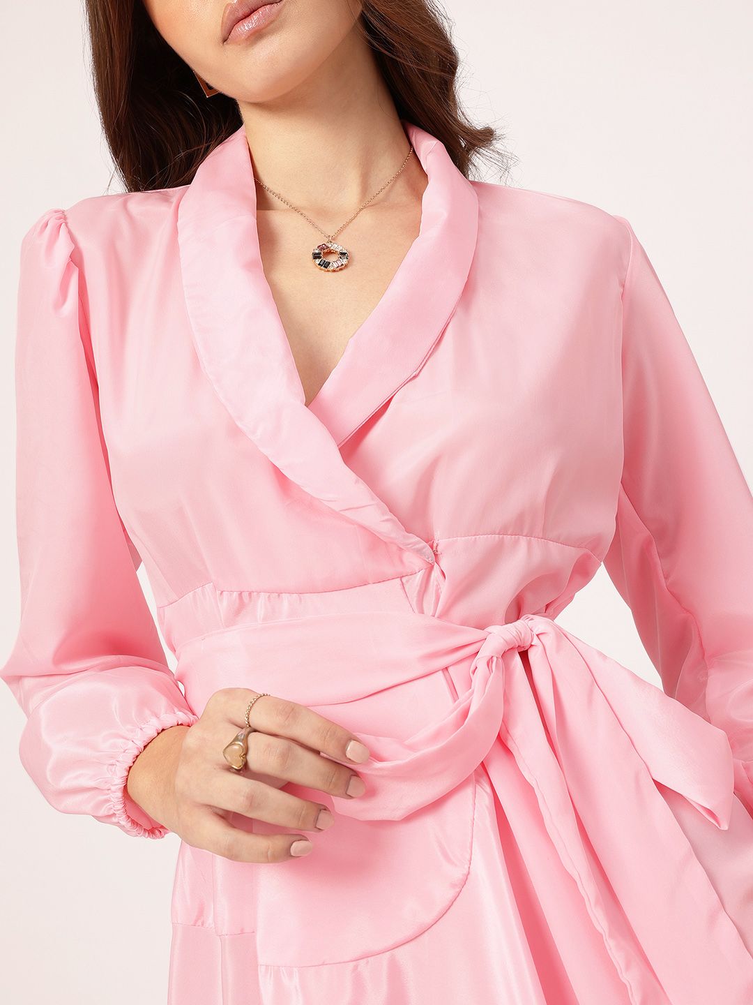 DressBerry Glow & Glam Shawl Collar Puff Sleeve Wrap Belted Mini Dress