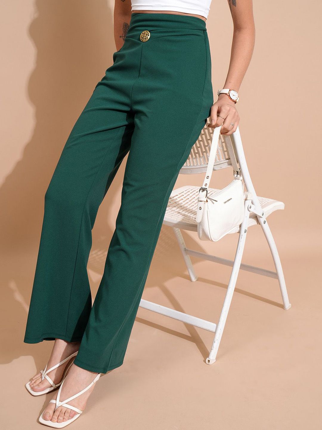 Tokyo Talkies Green Women Mid-Rise Relaxed Fit Trousers