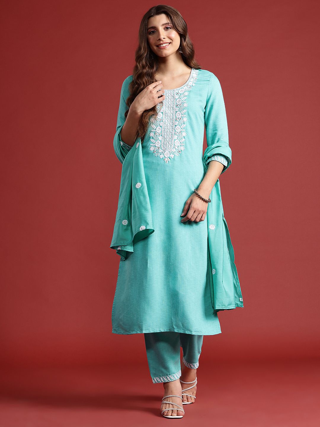 Anouk Floral Embroidered Kurta with Trousers & With Dupatta