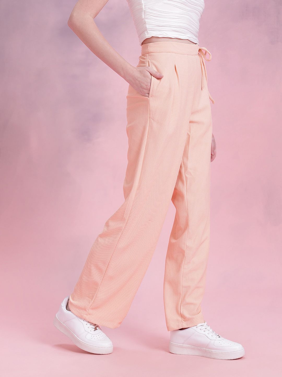 DressBerry Women Regular Fit Textured Tie-Up Waist Trousers