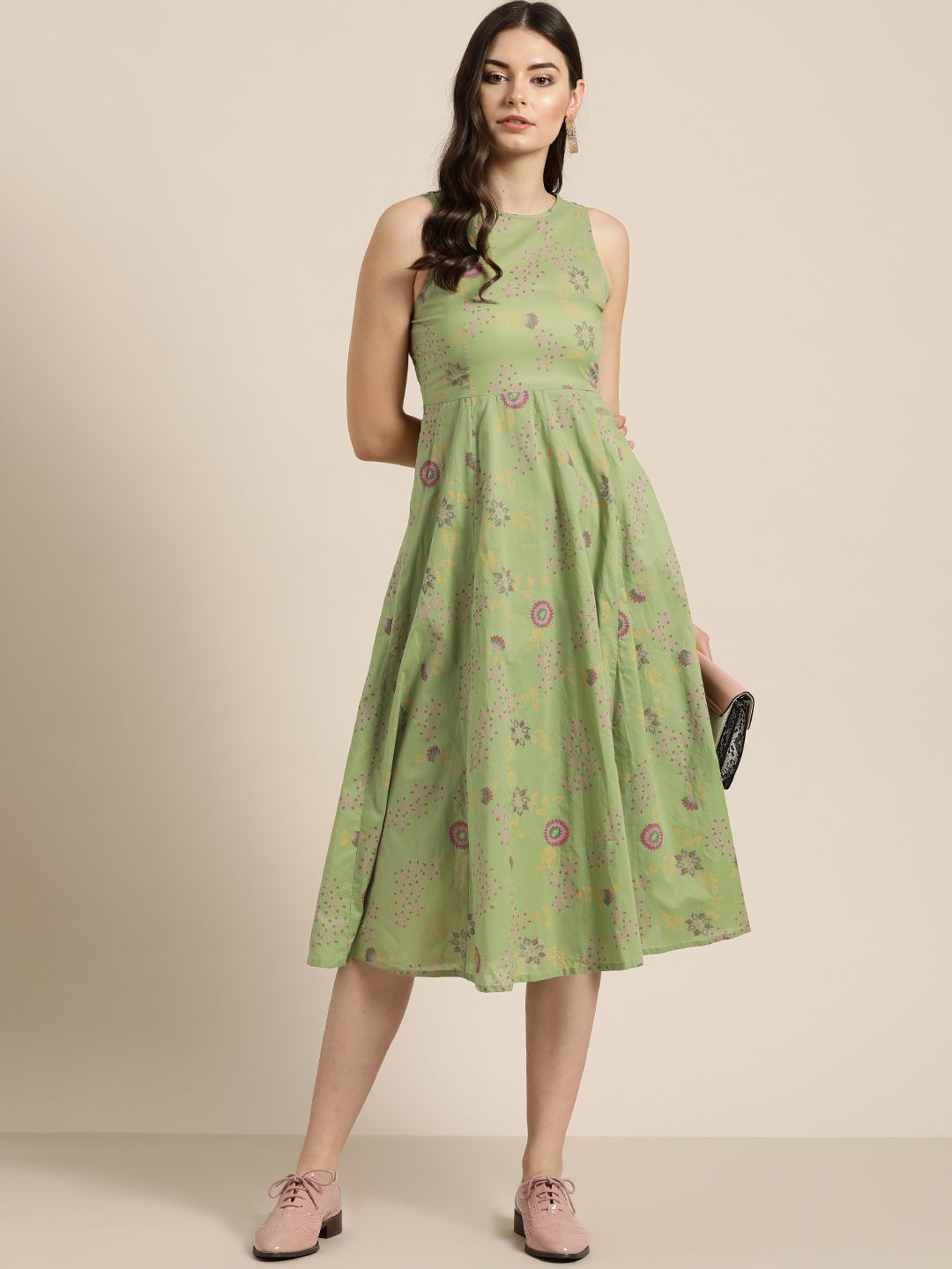 Shae by SASSAFRAS Women Green & Pink Printed Anarkali Kurta