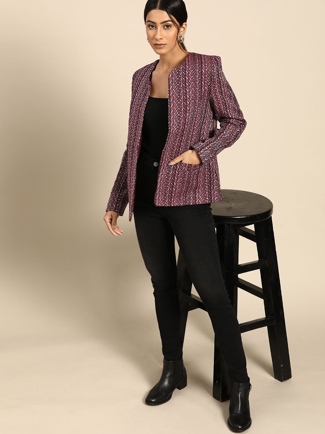 all about you Women Maroon Navy Blue Striped Open Front Jacket
