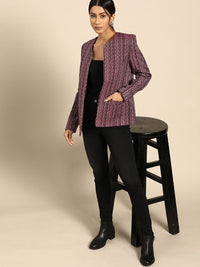 all about you Women Maroon Navy Blue Striped Open Front Jacket