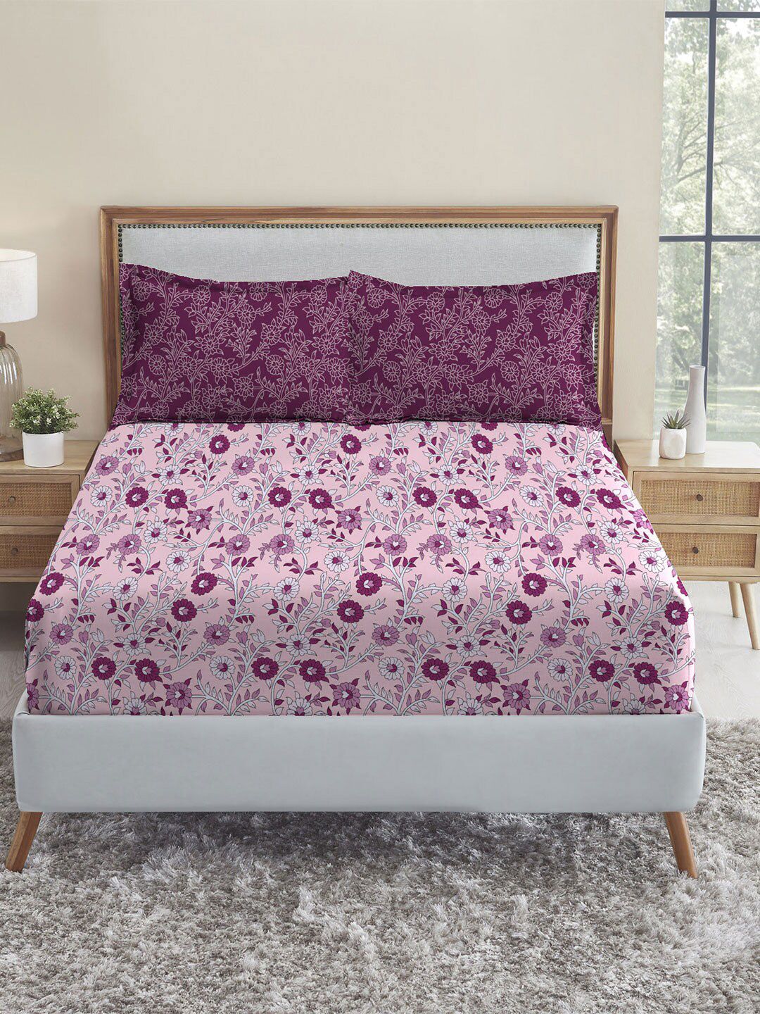 TRIDENT Desert Gardern Pink Urban Comfort Flat 144TC Queen Cotton Bedsheet Set