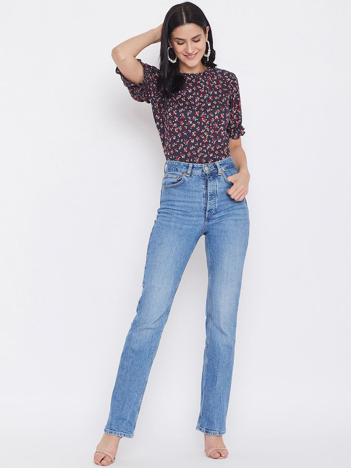 Berrylush Navy Blue Floral Printed Top With Puff Sleeves