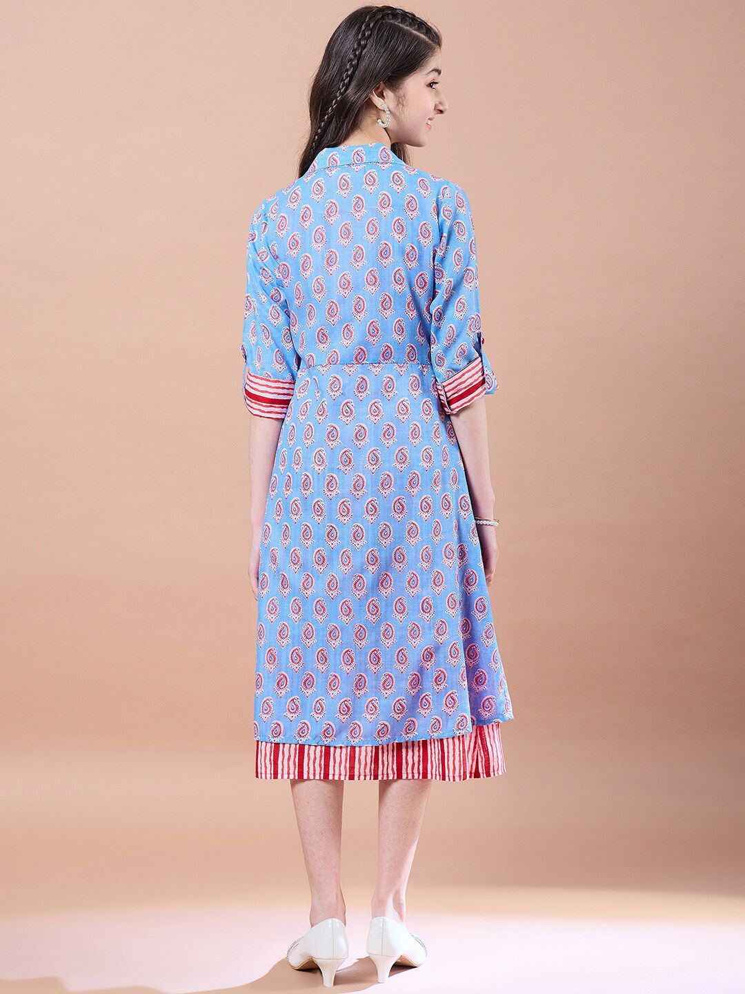 pspeaches Girls Ethnic Motifs Print Cotton  Round Neck A-Line Midi Dress With Shrug