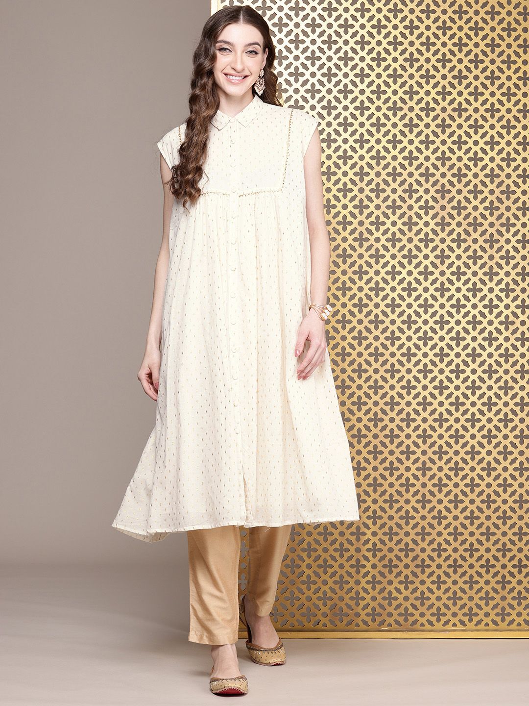 House of Pataudi Geometric Woven Design Shirt Collar Gotta Patti Detail Jashn A-Line Kurta