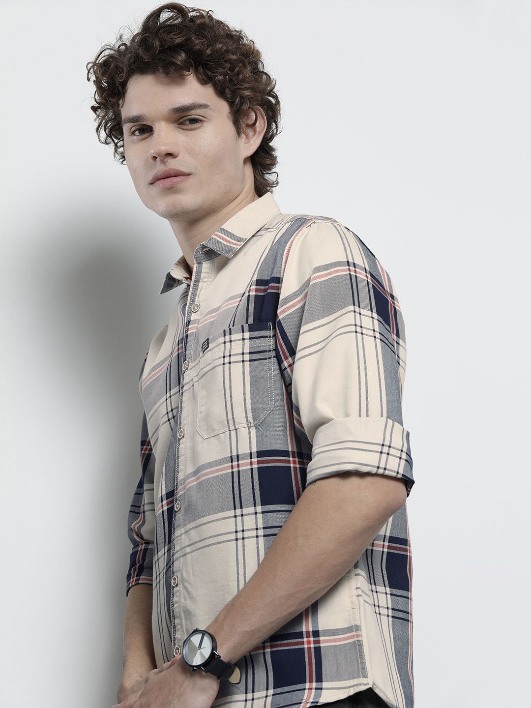 The Indian Garage Co Men Cream-Coloured & Navy Blue Tartan Checked Shirt