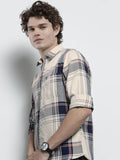 The Indian Garage Co Men Cream-Coloured & Navy Blue Tartan Checked Shirt