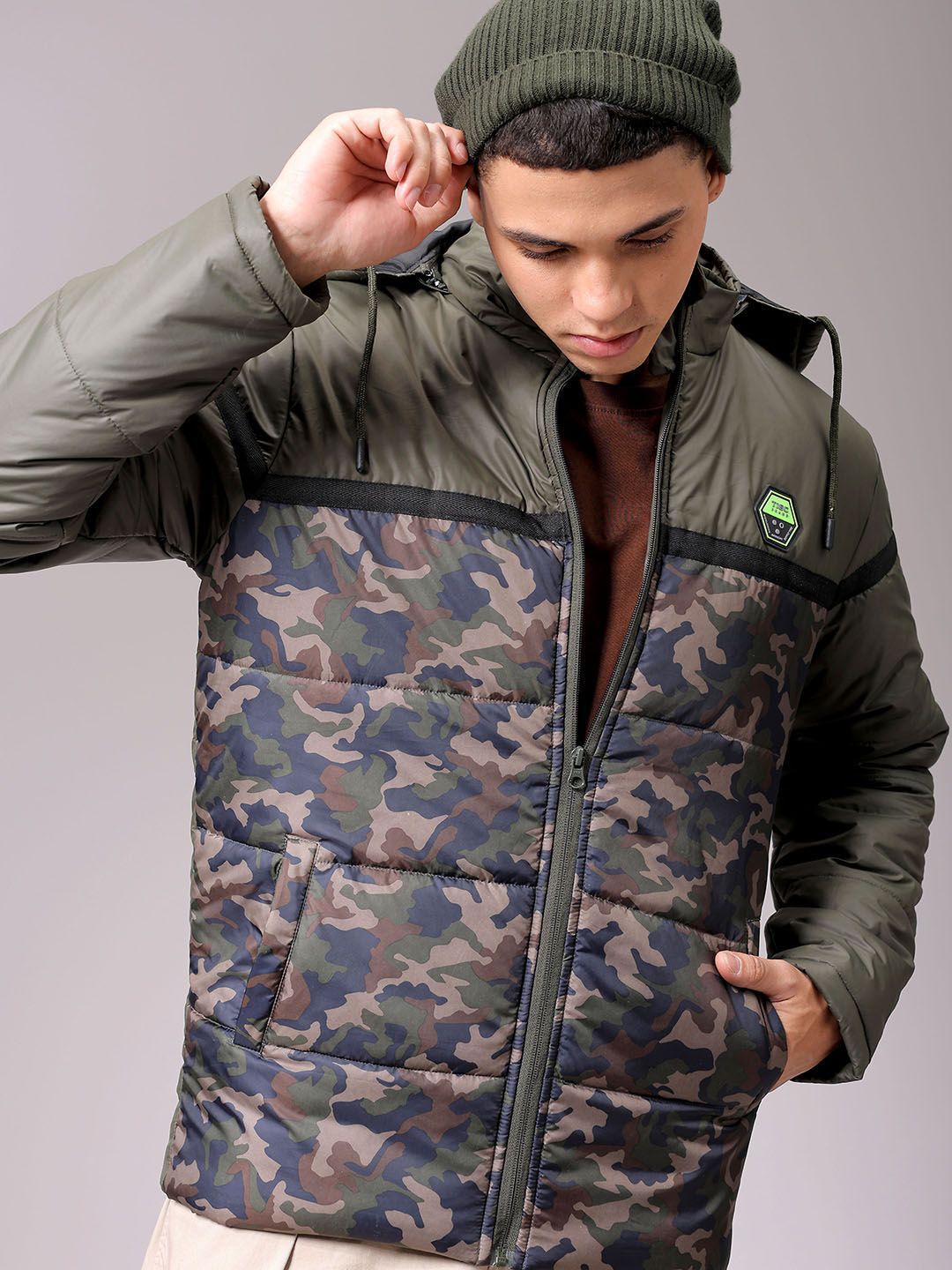 The Indian Garage Co Men Hooded Camouflage Printed Casual Puffer Jacket