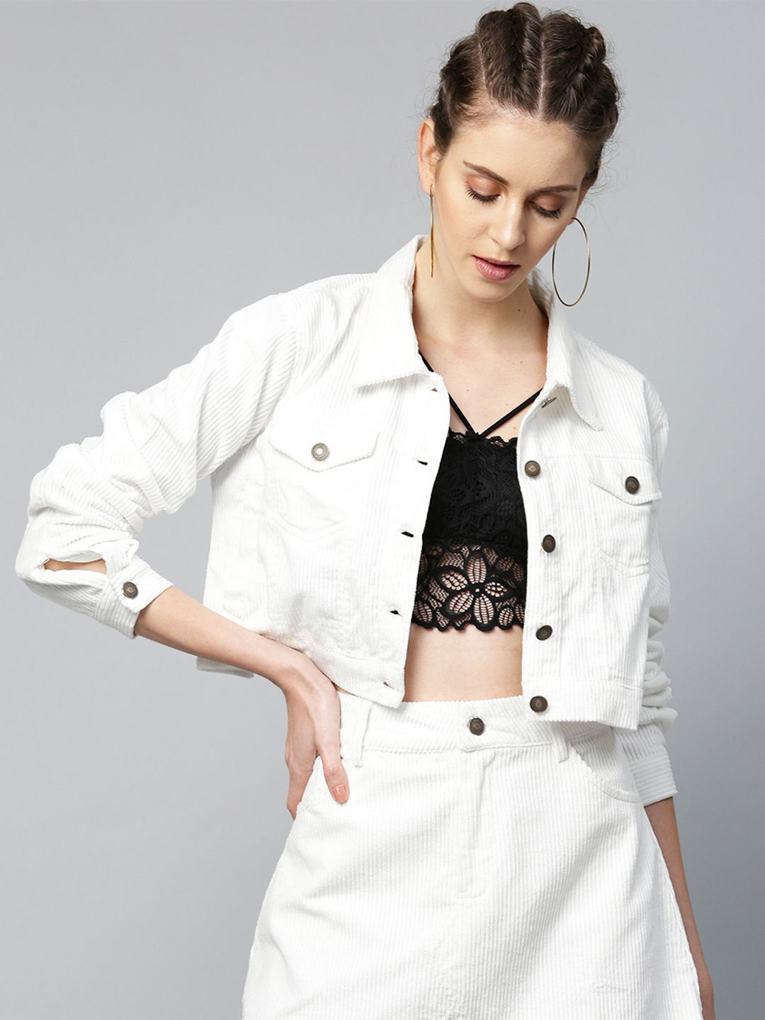 SASSAFRAS Women White Self-Striped Corduroy Crop Tailored Jacket