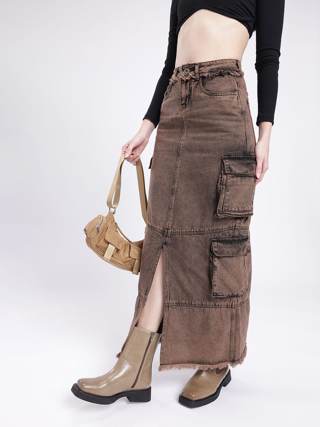 DressBerry Women Urban Dope Cargo Style Front Slit Straight Maxi Skirt