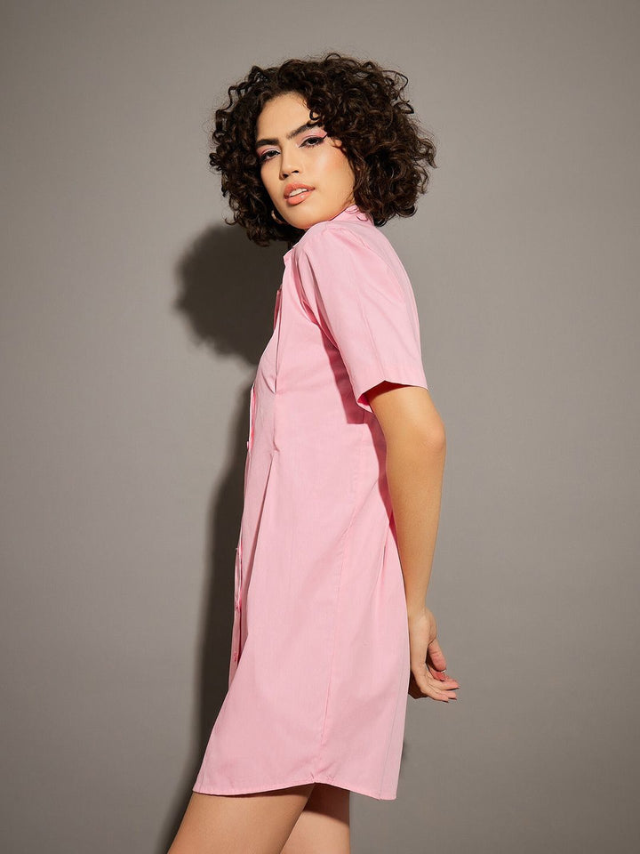 SASSAFRAS Pink Shirt Collar Cotton Shirt Mini Dress