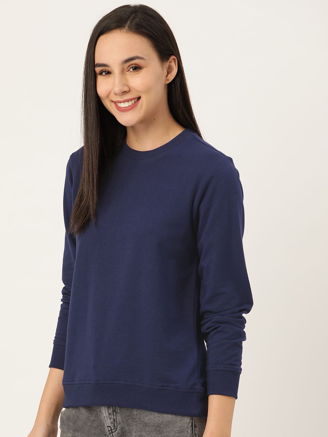 DressBerry Women Navy Blue Solid Sweatshirt