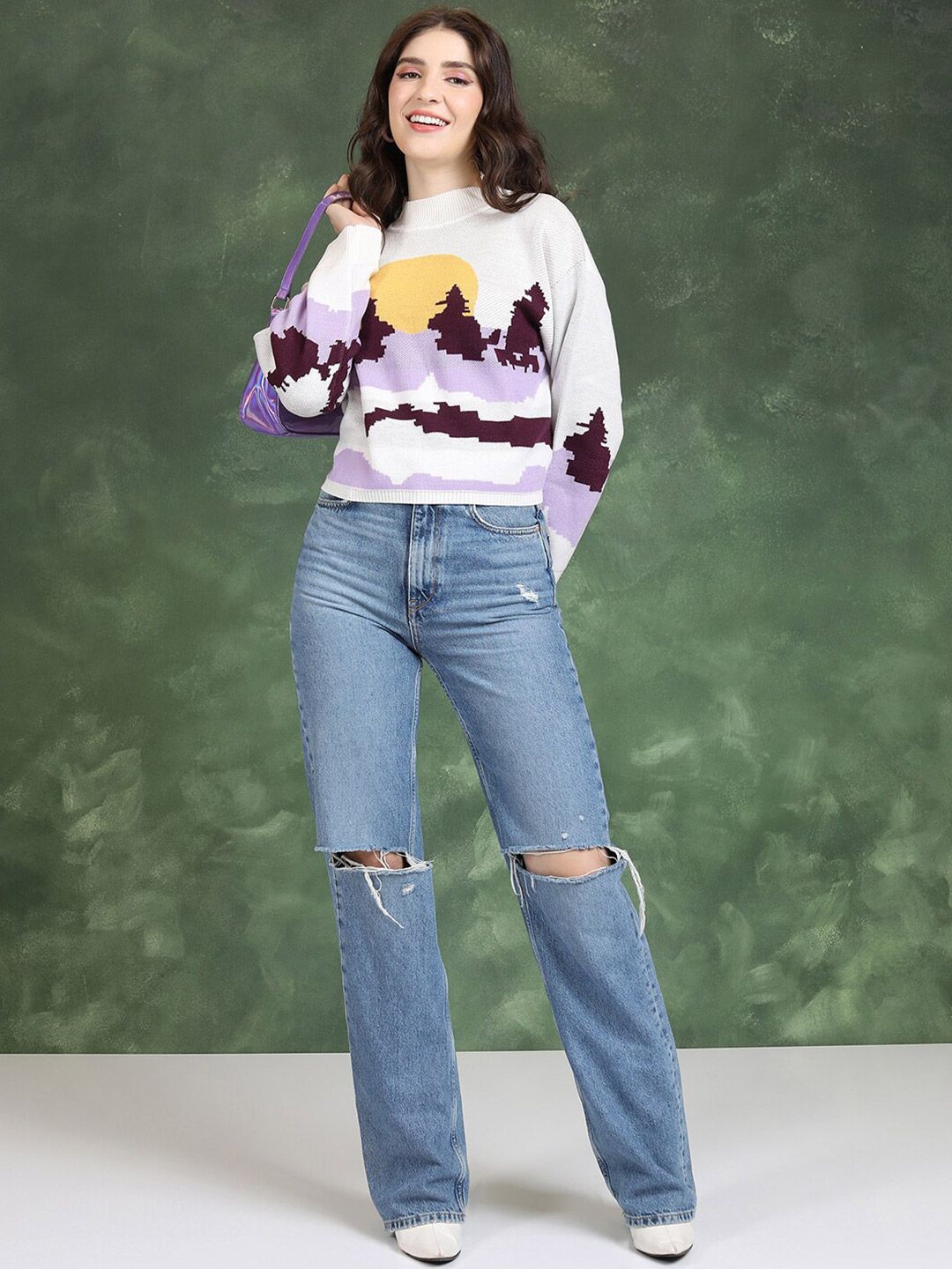 Tokyo Talkies Off White Graphic Printed High Neck Acrylic Pullover