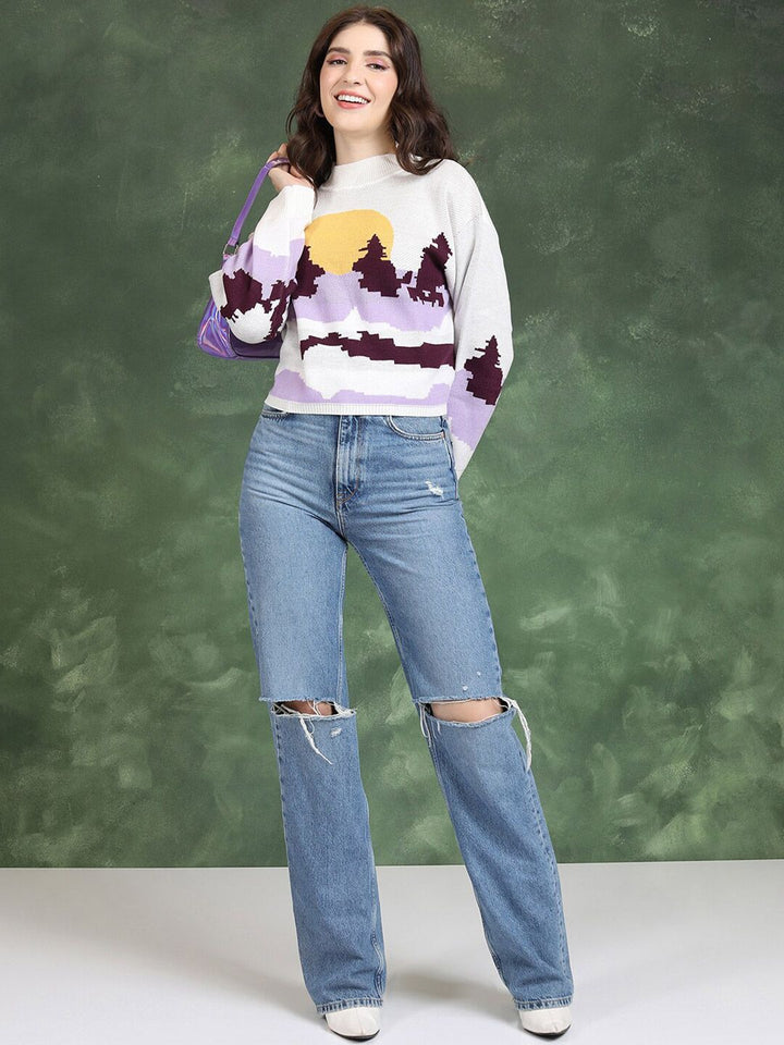 Tokyo Talkies Off White Graphic Printed High Neck Acrylic Pullover