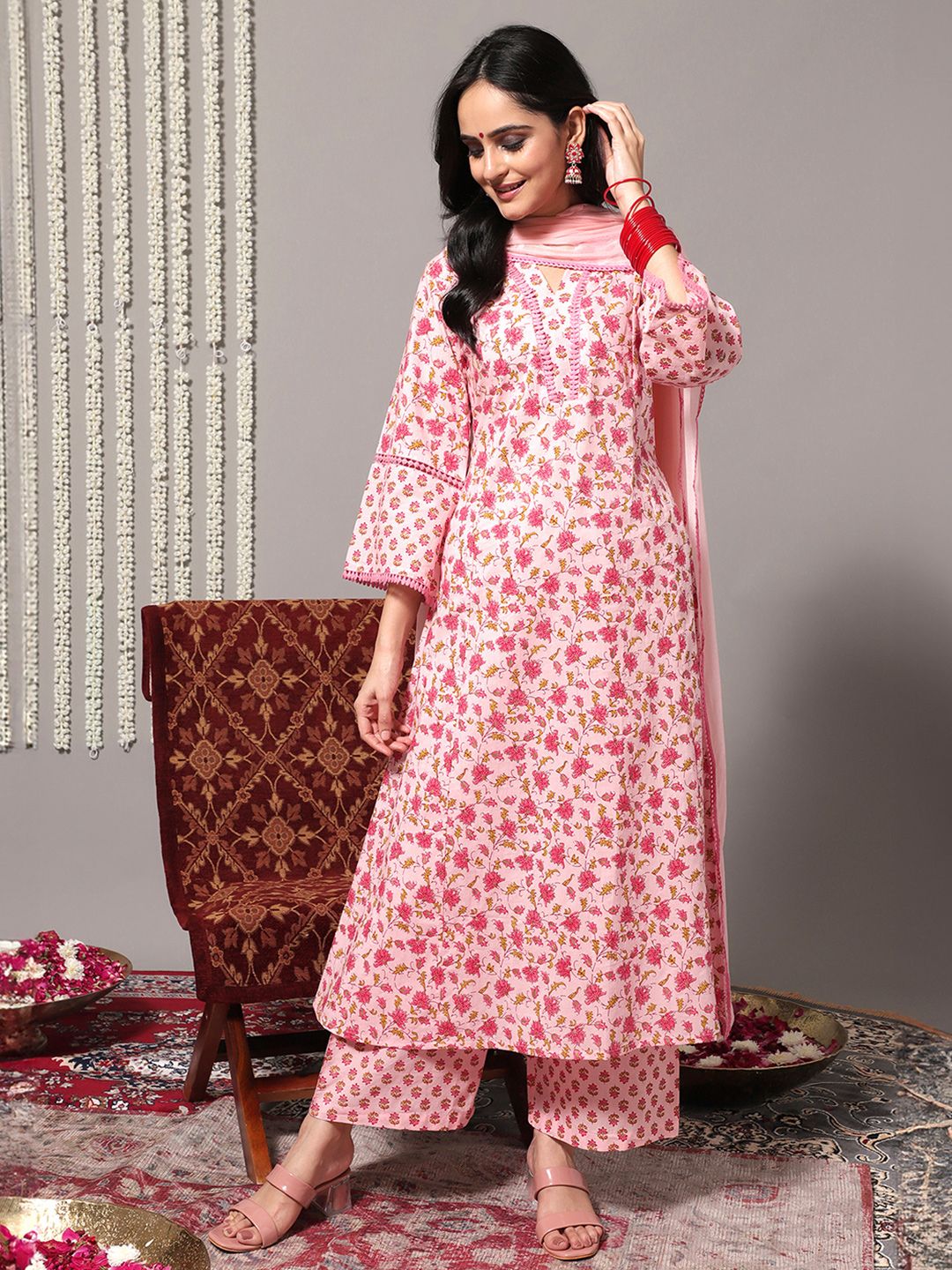 Varanga Floral Printed Pure Cotton A-Line Kurta With Trousers & Dupatta