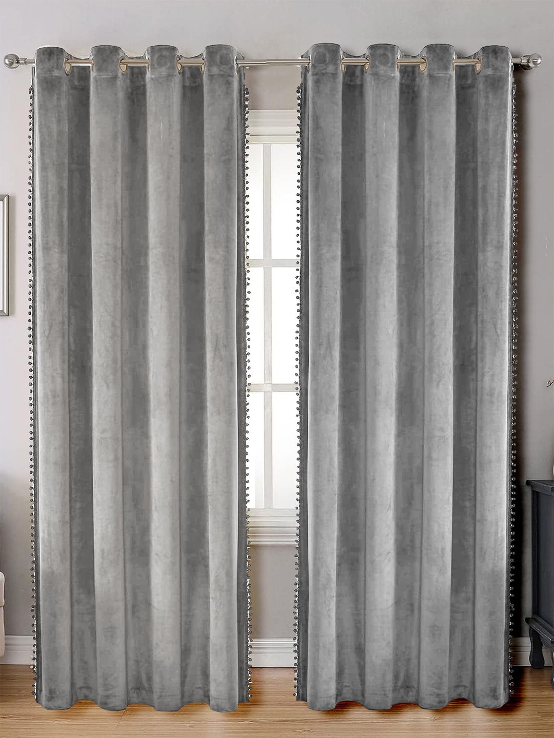 STITCHNEST Grey 2 Pieces Velvet Black Out Window Curtains