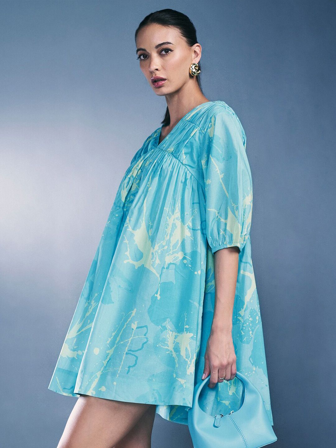 AND Floral Printed Puff Sleeve Pure Cotton A-Line Dress