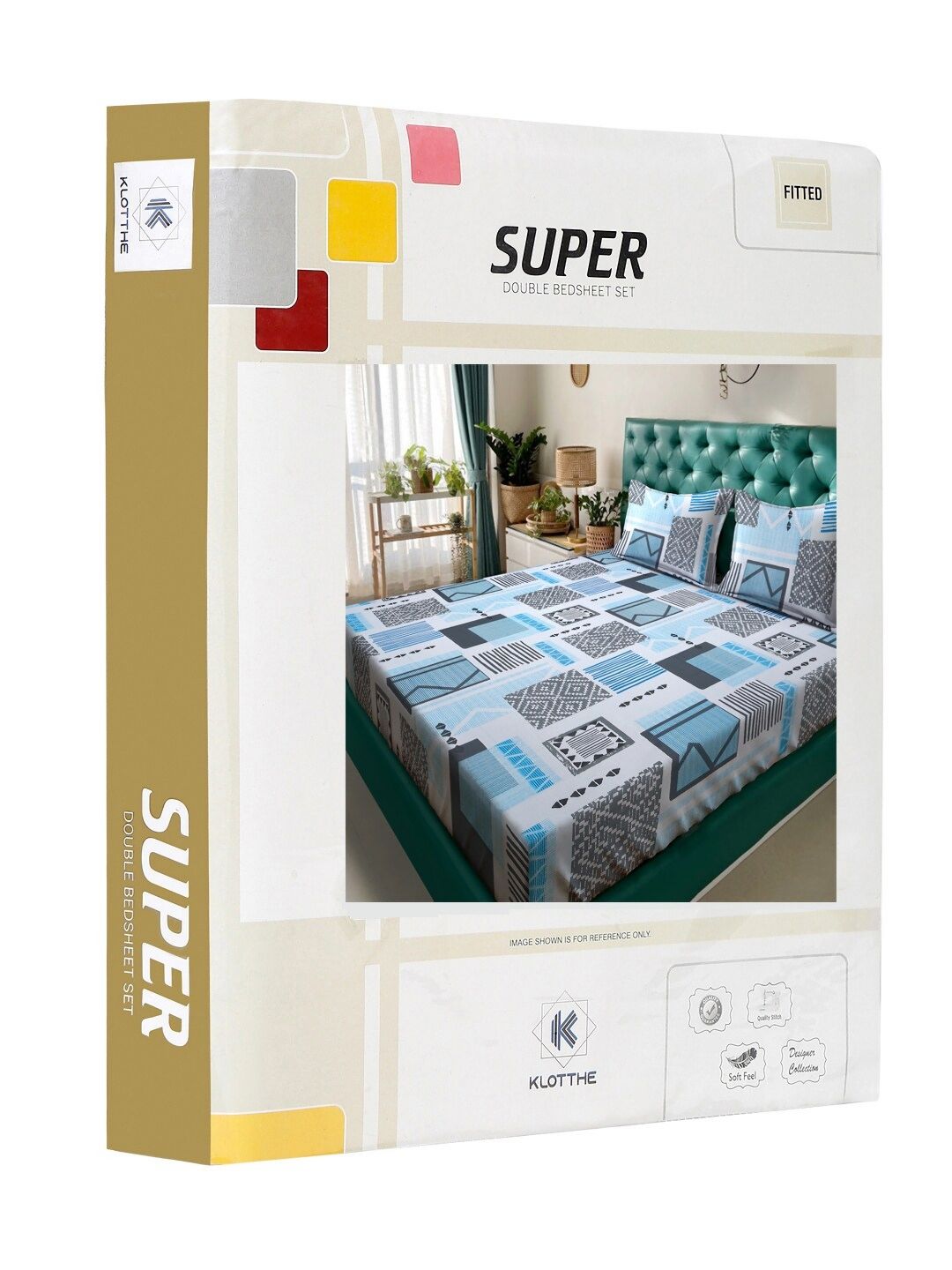 KLOTTHE Book Lipat Biru Geometrik Bercetak Kapas Tulen Double King Cadar & Sarung Bantal